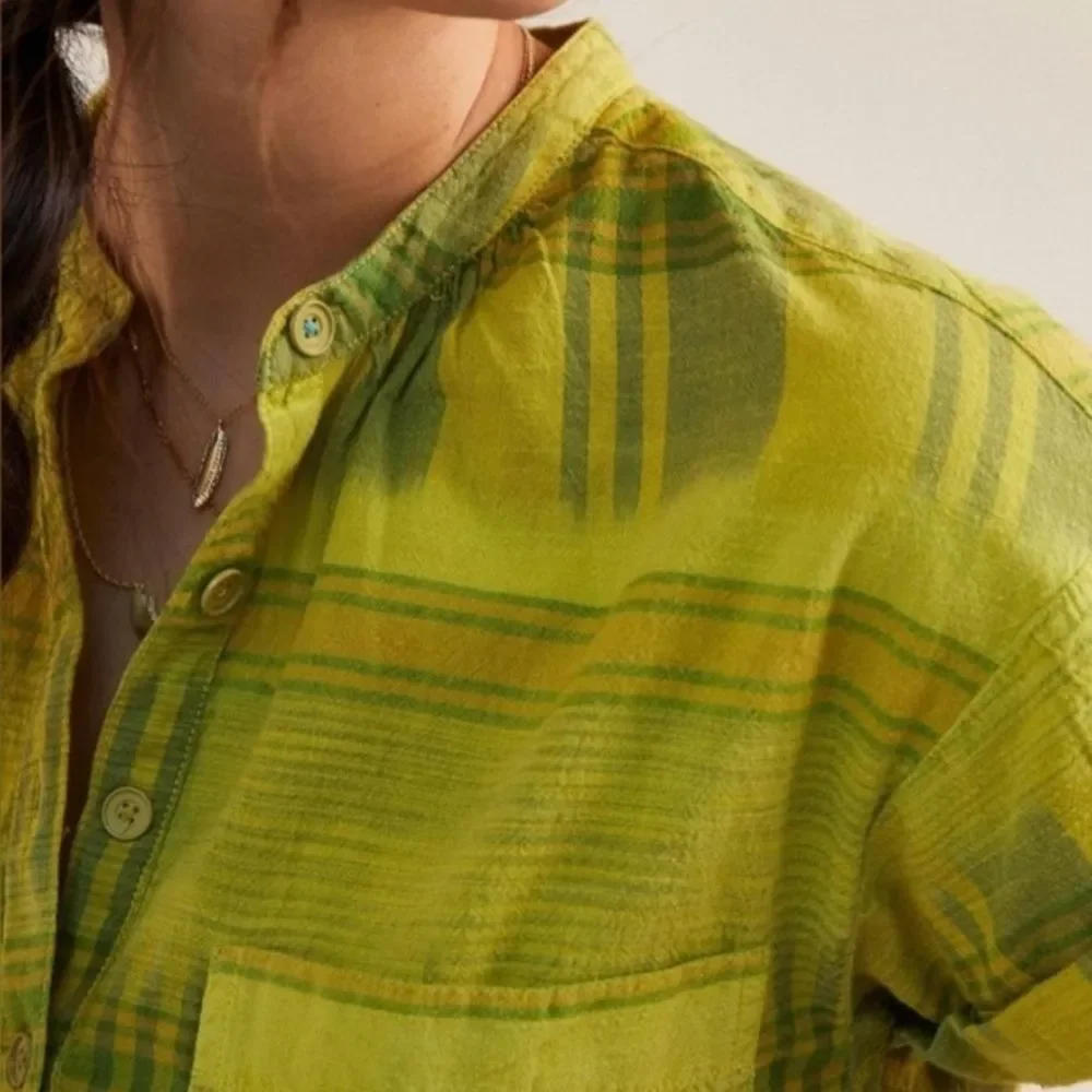 Anthropologie Pilcro The Hannah Green Plaid Surf Shirt Beach Boho Size M